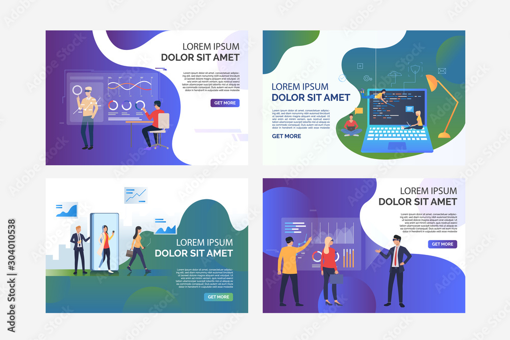 Poster vr report analyzing set. developers testing vr product, programmers writing codes. flat vector illus