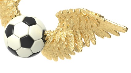 Soccer ball with Gold Wings under white background. 3D illustration. 3D high quality rendering.