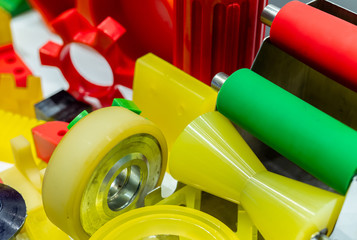 Engineering plastics. Plastic material used in manufacturing industry. Global engineering plastic market concept. Polyurethane and abs plastic parts materials. Plastic injection machine products. - obrazy, fototapety, plakaty