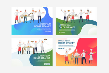 Set of illustrations of chefs participating in meal competition. Cook, dish, kitchen. Flat vector illustration with restaurant business concept for banner, website design or landing web page