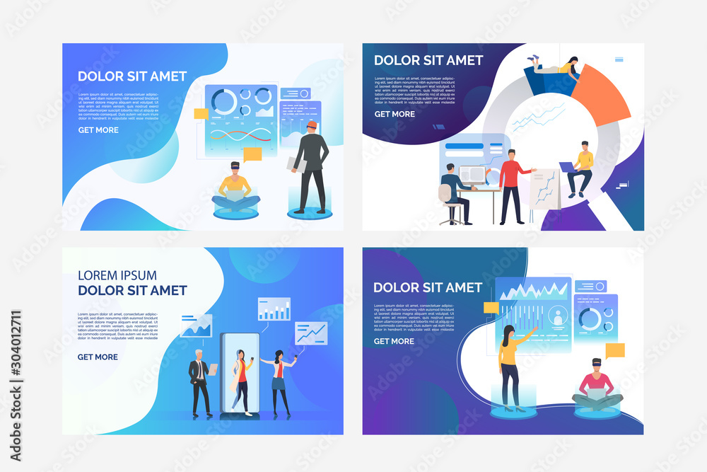 Poster set of images with people working virtually. development, optimization, teamwork. flat vector. virtu