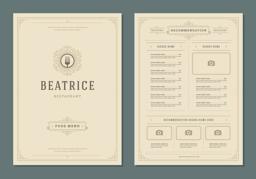 Restaurant menu design and label vector brochure template.