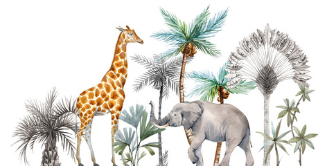 Watercolor safari animals with tropical palms composition. African giraffe, elephant. - obrazy, fototapety, plakaty