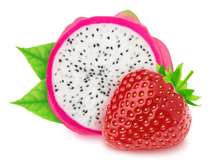 Colourful composition with cutted dragon fruit and strawberry isolated on a white background with clipping path.