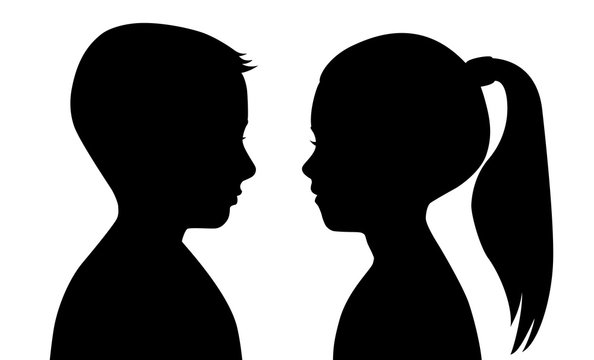 Black silhouette of a boy and a girl on a white background. The faces are facing each other.  Vector illustration of a contour of the head. Male and female profiles. Children, teens.