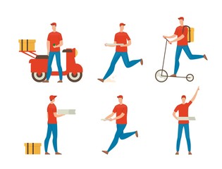 Pizza Delivery Guy Flat Vector Characters Set