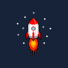 Pixel art cartoon flying rocket illustration.