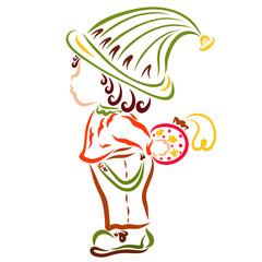 Little gnome or boy holds a Christmas ball behind his back