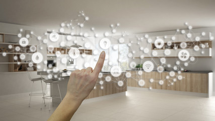 Glowing smart home interface, geometric background, connected line and dots showing internet of things system, hand pointing icons over kitchen interior, home automation concept