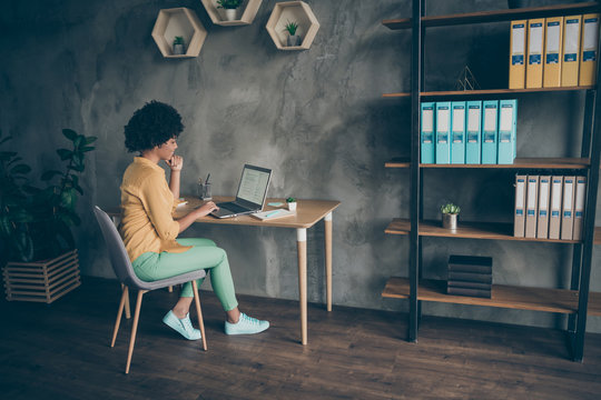 Back rear spine full length profile side photo of confident afro american girl expert sit table work laptop read information think decide choose solution in office loft workstation