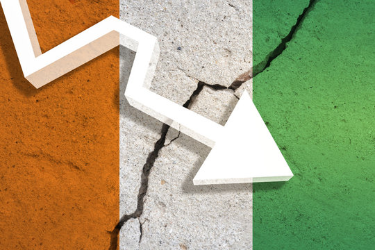 Ivory Coast Flag on the cracked wall with arrow falling down. Concept of decrease in the country. 3D Illustration - Powered by Adobe