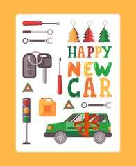 Happy new car typography poster, vector illustration. Isolated flat style icons of car maintenance, new vehicle purchase. Auto service tool kit and key pictogram