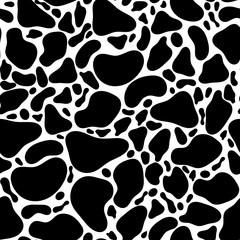 Seamless monochromatic pattern made of rounded black shapes and dots. Animal skin, cow plaid