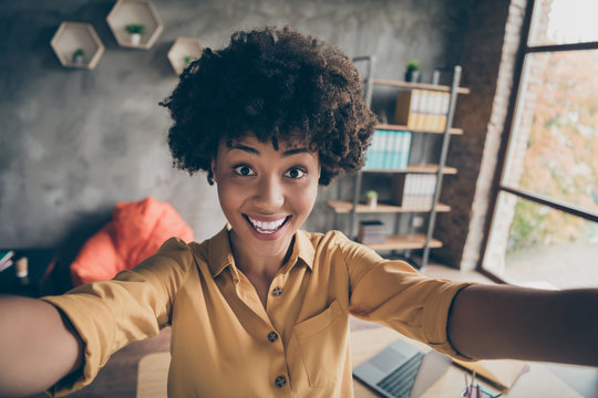 Close Up Photo Of Positive Cheerful Afro American Girl Real Estate Agent Take Selfie Video Call Work Seminar In Office Loft Workplace