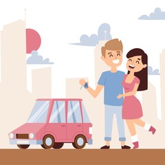 Romantic couple with new car, vector illustration. Happy people, cartoon characters in simple flat style. Smiling man and woman holding key in city