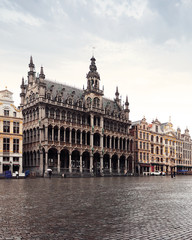 Fototapeta na wymiar Panorama of the Market Square or Grand Place in Brussels in autumn rainy weather, Belgium