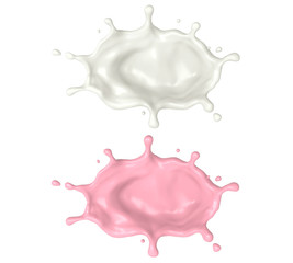 Milky white and Strawberry milk shake drip on white background isolated collections, 3D illustration.