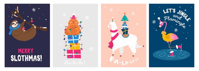 Christmas cute greeting cards with happy animals set vector illustration. Unicorn, flamingo, cat, sloth having fun under snowy weather flat style design. Happy holidays concept