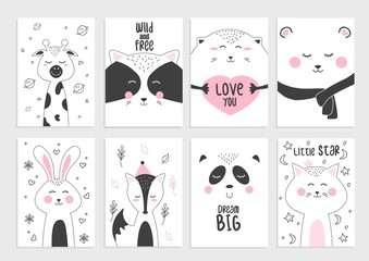 Cute posters and cards with funny animals set vector illustration. Joyful racoon hedgehog cat and fox with nice inscription. Prints for female t-shirt concept