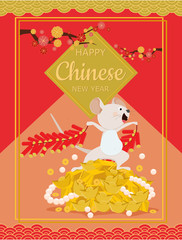 Happy Chinese new year 2020 greeting card with cute rat cartoon character. Little mouse with firecrackers on background of gold, pearl and money.