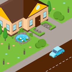 Isometric street scene, vector illustration. House with green lawn, street and car on road. Perspective view from above. Isometric game design in cartoon style
