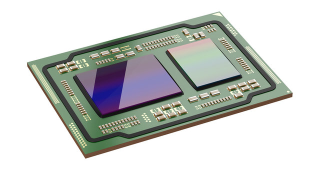 Processor green board isolated on a white background. Motherboard chip cpu and gpu.