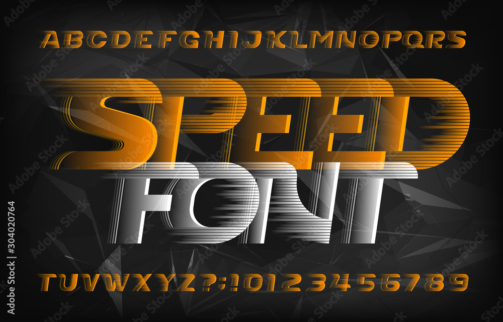 Fototapete speed alphabet font. wind effect futuristic letters and numbers on abstract polygonal background. st