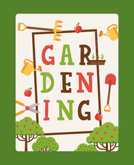 Gardening typographic poster, vector illustration. Book cover for gardeners, tools icons in flat style, work in garden. Spade, rake, shears and watering can