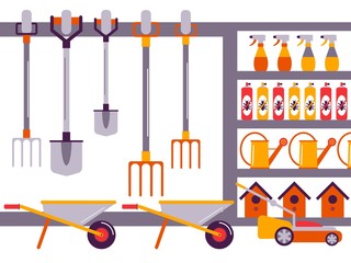 Gardening tools in shop, vector illustration. Flat style garden equipment on store shelves. Shovel, rake, wheelbarrow, birdhouse and watering can. Gardener supply
