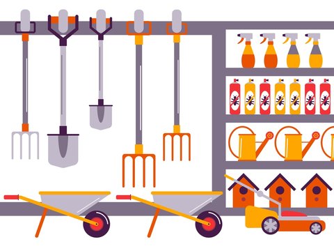 Gardening tools in shop, vector illustration. Flat style garden equipment on store shelves. Shovel, rake, wheelbarrow, birdhouse and watering can. Gardener supply