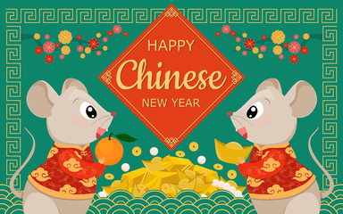 Rat zodiac Happy Chinese New Year 2020 greeting card. Mouse cartoon characters in costume are blessing a happiness, lucky and wealthy with orange, gold, pearl and money.