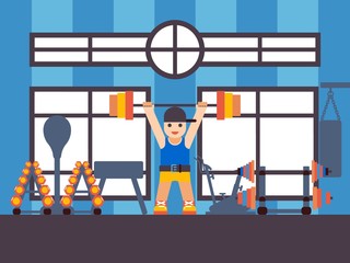 Strongman lifting barbell in gym, vector illustration. Simple flat style scene, heavy weight workout. Cartoon character training in fitness studio, gym equipment interior