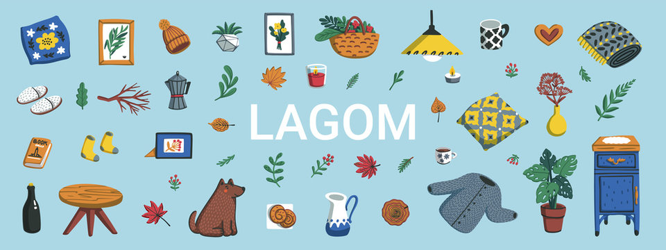 Lagom. Concept of Scandinavian lifestyle. IHorizontal banner with lagom lettering and cozy home things like pillow, plants, furniture on blue background. Colorful flat vector illustration.