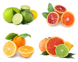 Different tasty citrus fruits on white background