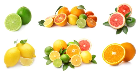 Foto op Plexiglas Different tasty citrus fruits on white background © Pixel-Shot