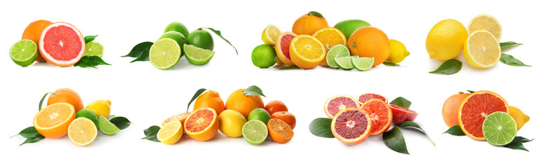 Different tasty citrus fruits on white background - obrazy, fototapety, plakaty