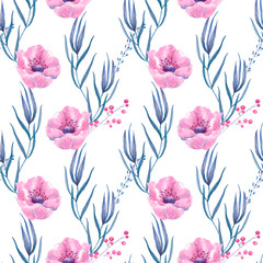 Watercolor pattern gentle trend bud of a pink anemone flower with sprigs of lilac leaves and grass. Hand drawn isolated on a white background.