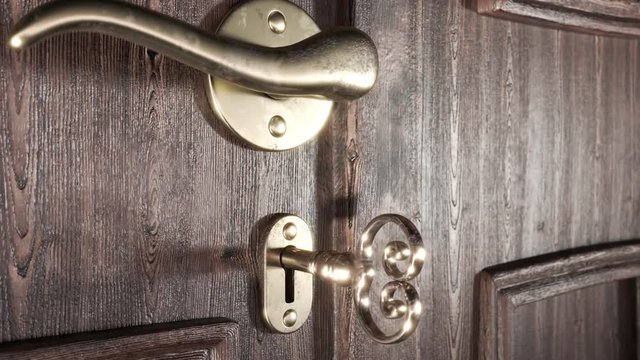 Animation of opening wooden doors. Close-up view at door handle and lock. 4KHD