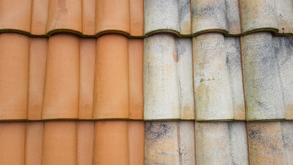 before and after high pressure water cleaner tile Roof cleaning comparison