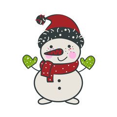Snowman in a hat, scarf and mittens. Happy magical man with a nose in the form of a carrot. Vector graphics.