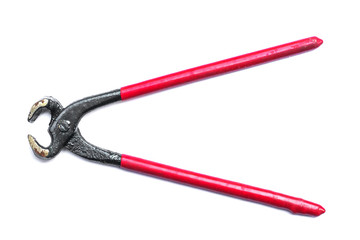 steel cutting pliers, Cutting pliers isolated on white background, Builder, construction and repair hand tools with plastic handles.