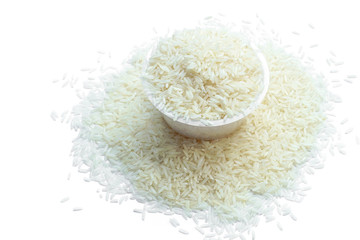 rice grains in bowl close up isolated on white background, scoop with rice on white, Top view