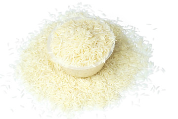 rice grains in bowl close up isolated on white background, scoop with rice on white, Top view