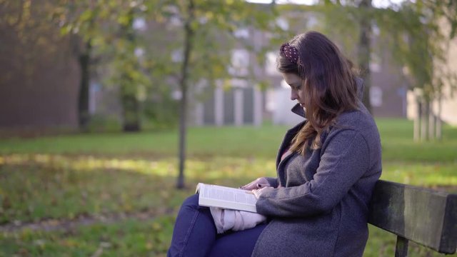 Woman reading book or bible pretty concentrated on bench in park