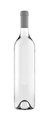 Clear White Standard Glass Cork Top Wine Bottle with Clear Liquid and Top Label. 26oz or 750ml (75cl, 0.75l) volume. 3D rendered Mock Up Isolated on White Background.