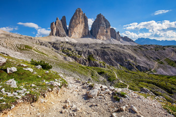 World famous peaks of Tre Cime di Lavaredo National park, UNESCO world heritage site in Dolomites, Italy