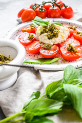 Stracciatella (mozzarella buffalo) on small plate served with fresh tomatoes and basil. Gray background. Space for text