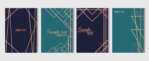 Geometric templates with golden lines set vector illustration. Festive card for wedding or birthday party invitation in blue and green tones flat style concept. Place for text