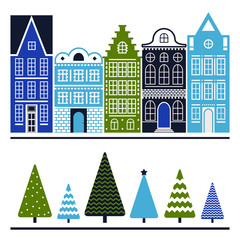 Big old town. Vector graphics. Multi-colored silhouettes of houses. Set of Christmas trees.