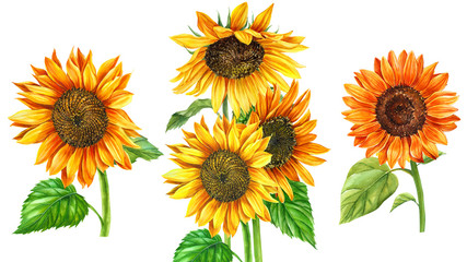 set of sunflowers on a white background, watercolor hand drawing